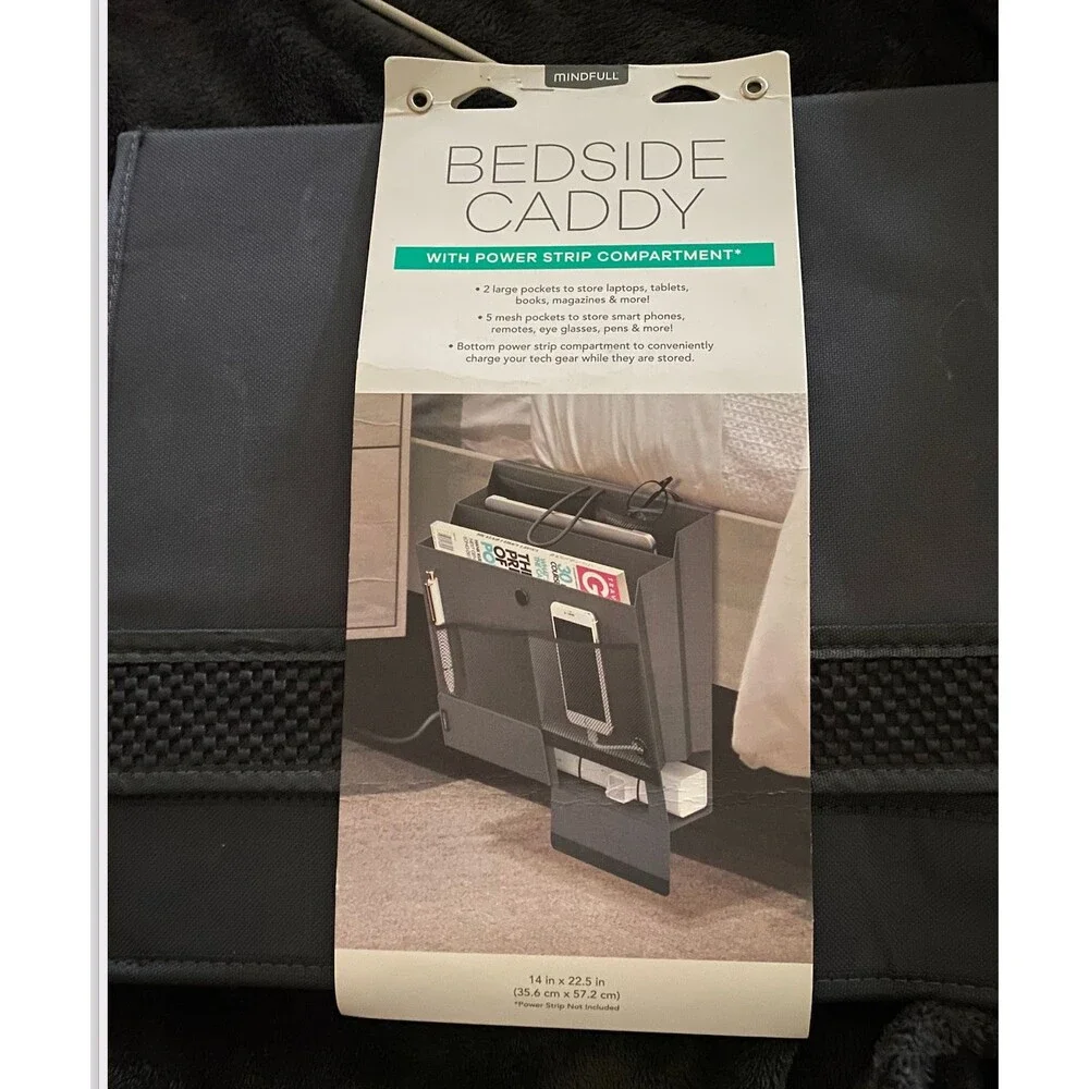 Grey Bedside Caddy Organizer Mattress Flap Hanging Power Strip Charging Pouch